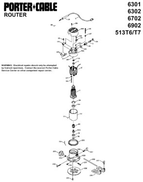 Default Diagram and Parts List for J-6702 Type 1 Porter Cable Router